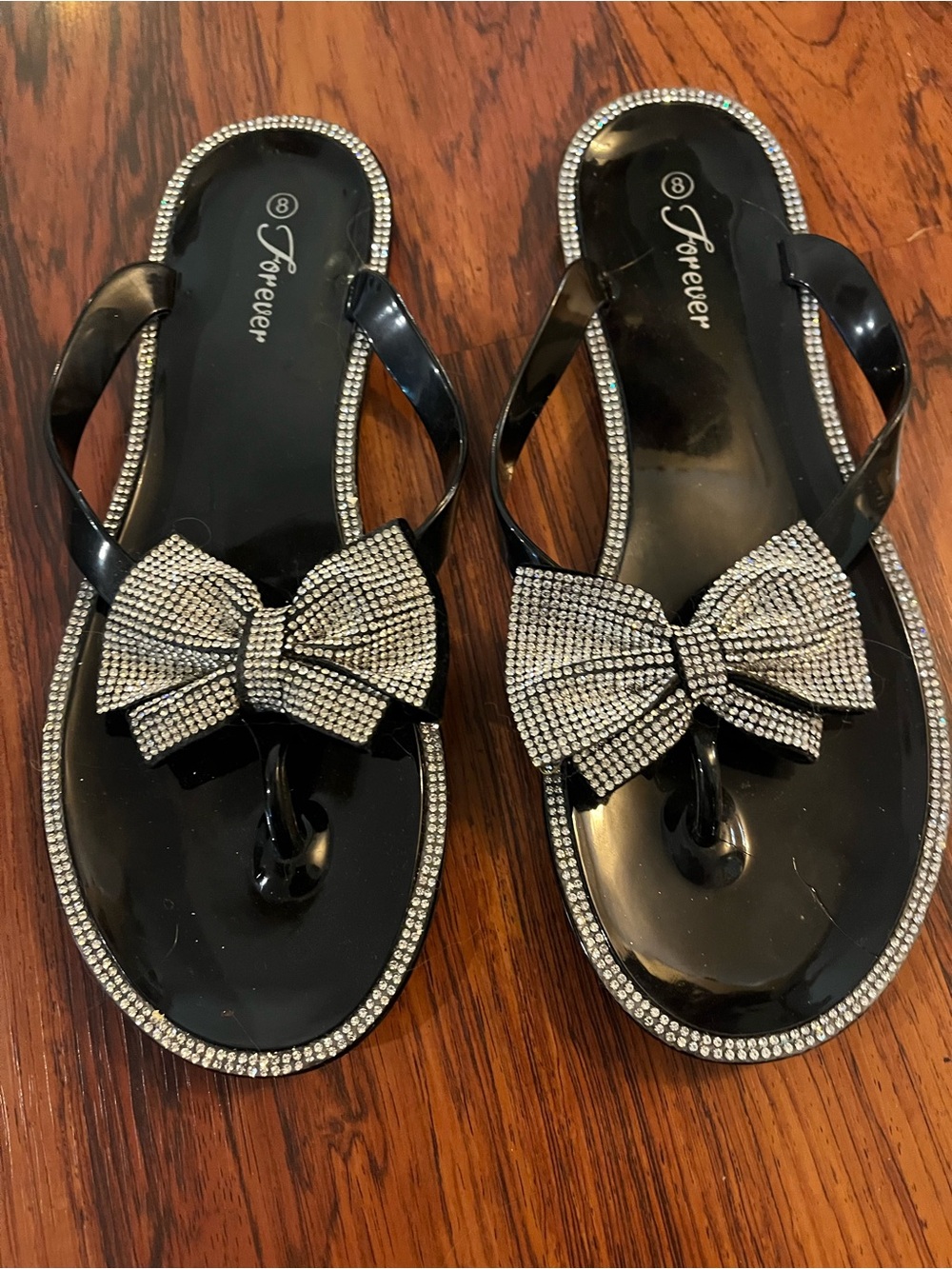 Forever Black Rhinestone Bow Jelly Flip Flops, Size 8